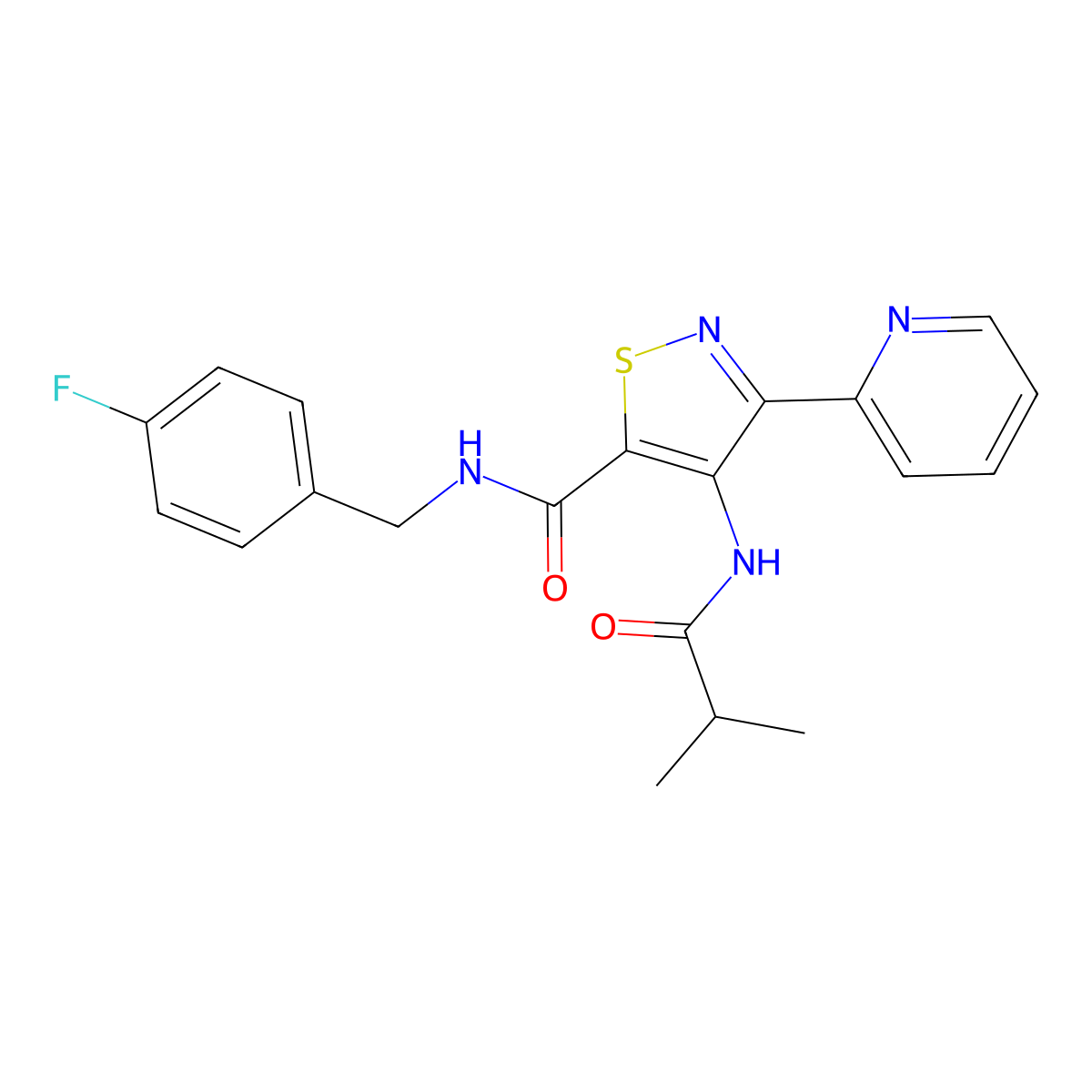 N-[(4-Fluorophenyl)methyl]-4-(2-methylpropanamido)-3-(pyridin-2-YL)-1,2-thiazole-5-carboxamide molecular structure, CAS 1251600-87-9