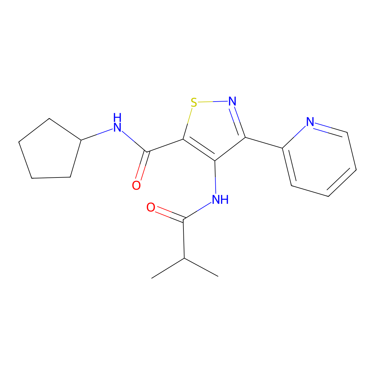 N-cyclopentyl-4-(2-methylpropanamido)-3-(pyridin-2-yl)-1,2-thiazole-5-carboxamide molecular structure, CAS 1251600-94-8