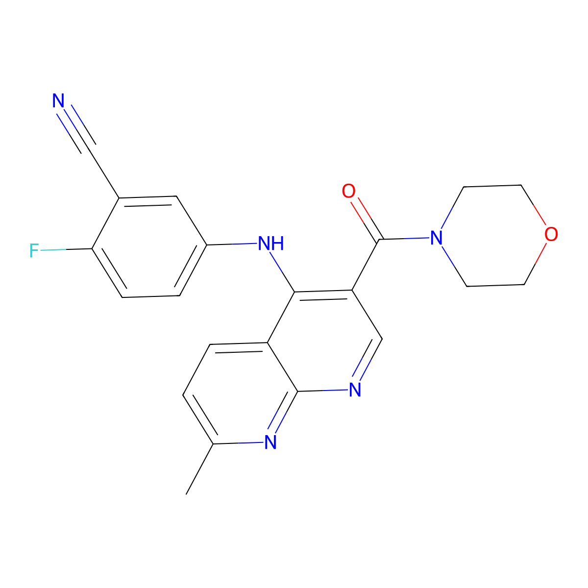 2-Fluoro-5-{[7-methyl-3-(morpholine-4-carbonyl)-1,8-naphthyridin-4-yl]amino}benzonitrile molecular structure, CAS 1251600-96-0