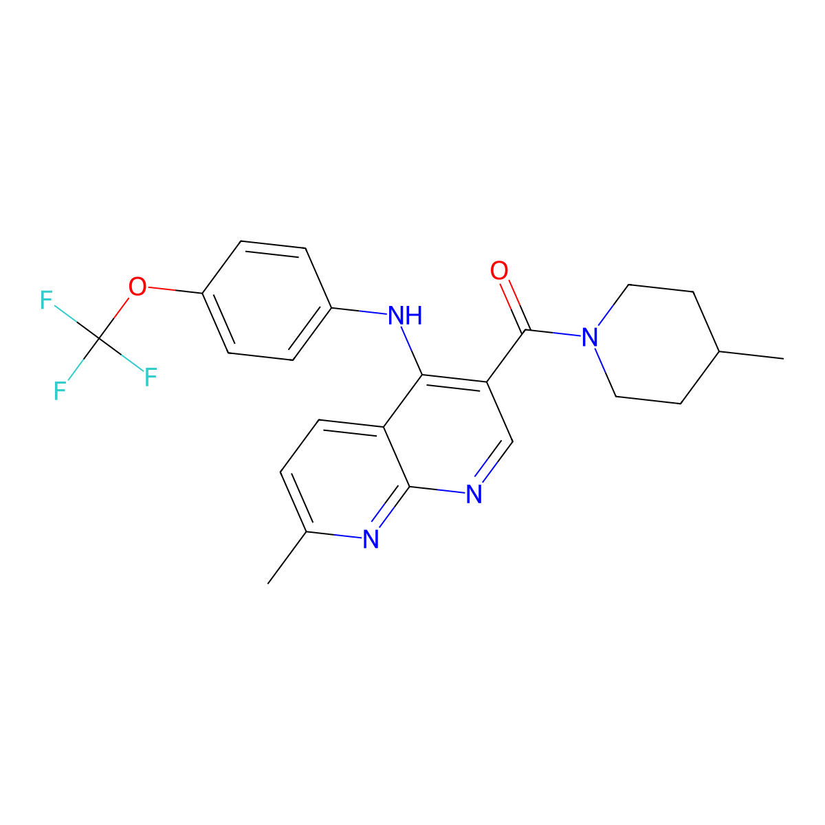 (7-Methyl-4-((4-(trifluoromethoxy)phenyl)amino)-1,8-naphthyridin-3-yl)(4-methylpiperidin-1-yl)methanone molecular structure, CAS 1251601-02-1