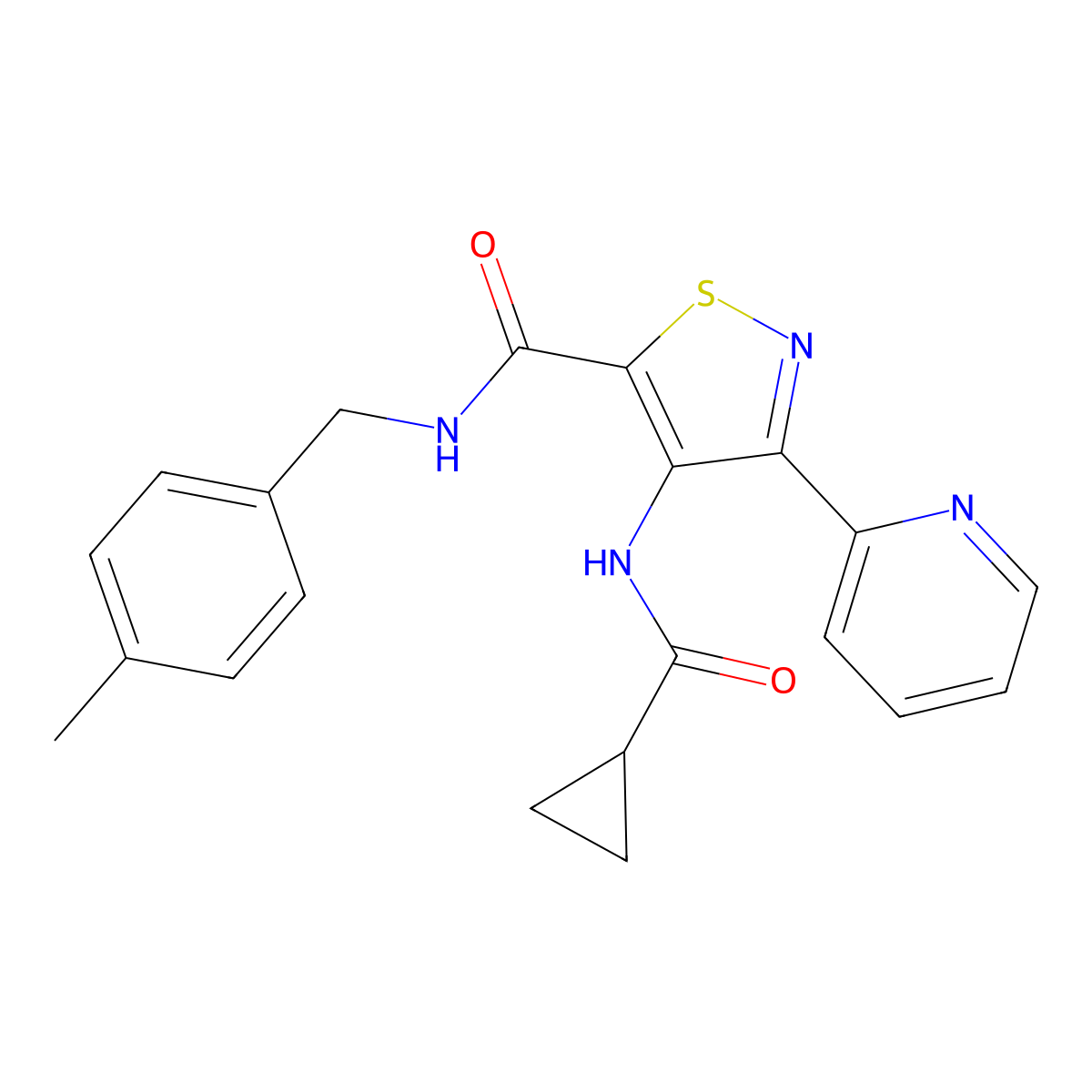 4-cyclopropaneamido-N-[(4-methylphenyl)methyl]-3-(pyridin-2-yl)-1,2-thiazole-5-carboxamide molecular structure, CAS 1251601-11-2