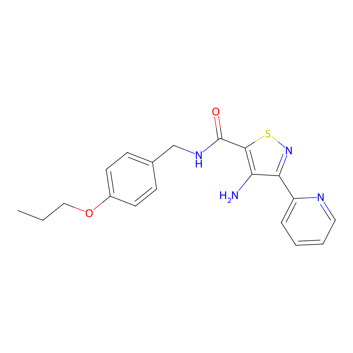 4-amino-N-(4-propoxybenzyl)-3-(pyridin-2-yl)isothiazole-5-carboxamide molecular structure, CAS 1251601-16-7