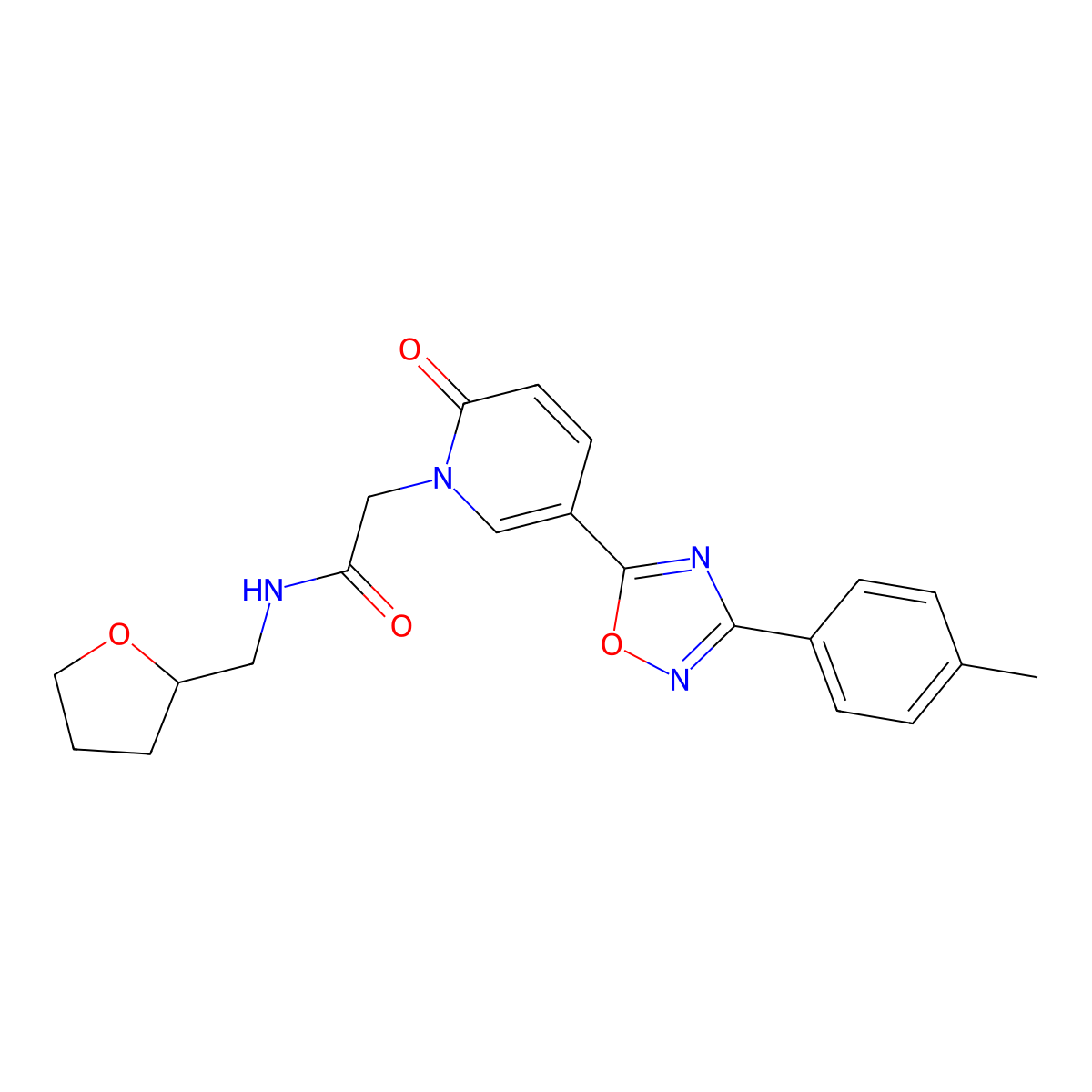 2-(2-oxo-5-(3-(p-tolyl)-1,2,4-oxadiazol-5-yl)pyridin-1(2H)-yl)-N-((tetrahydrofuran-2-yl)methyl)acetamide molecular structure, CAS 1251601-80-5