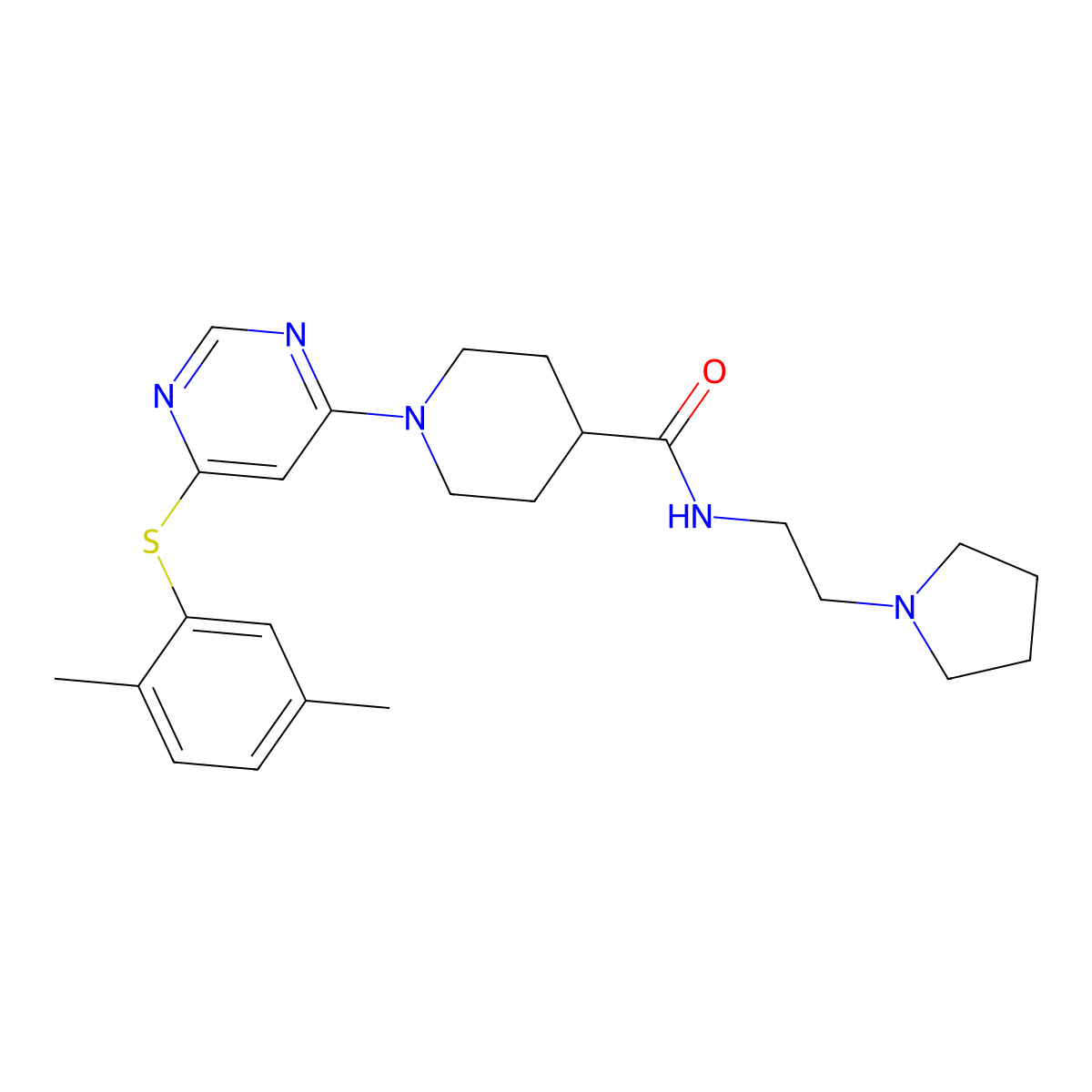 1-(6-((2,5-dimethylphenyl)thio)pyrimidin-4-yl)-N-(2-(pyrrolidin-1-yl)ethyl)piperidine-4-carboxamide molecular structure, CAS 1251601-84-9