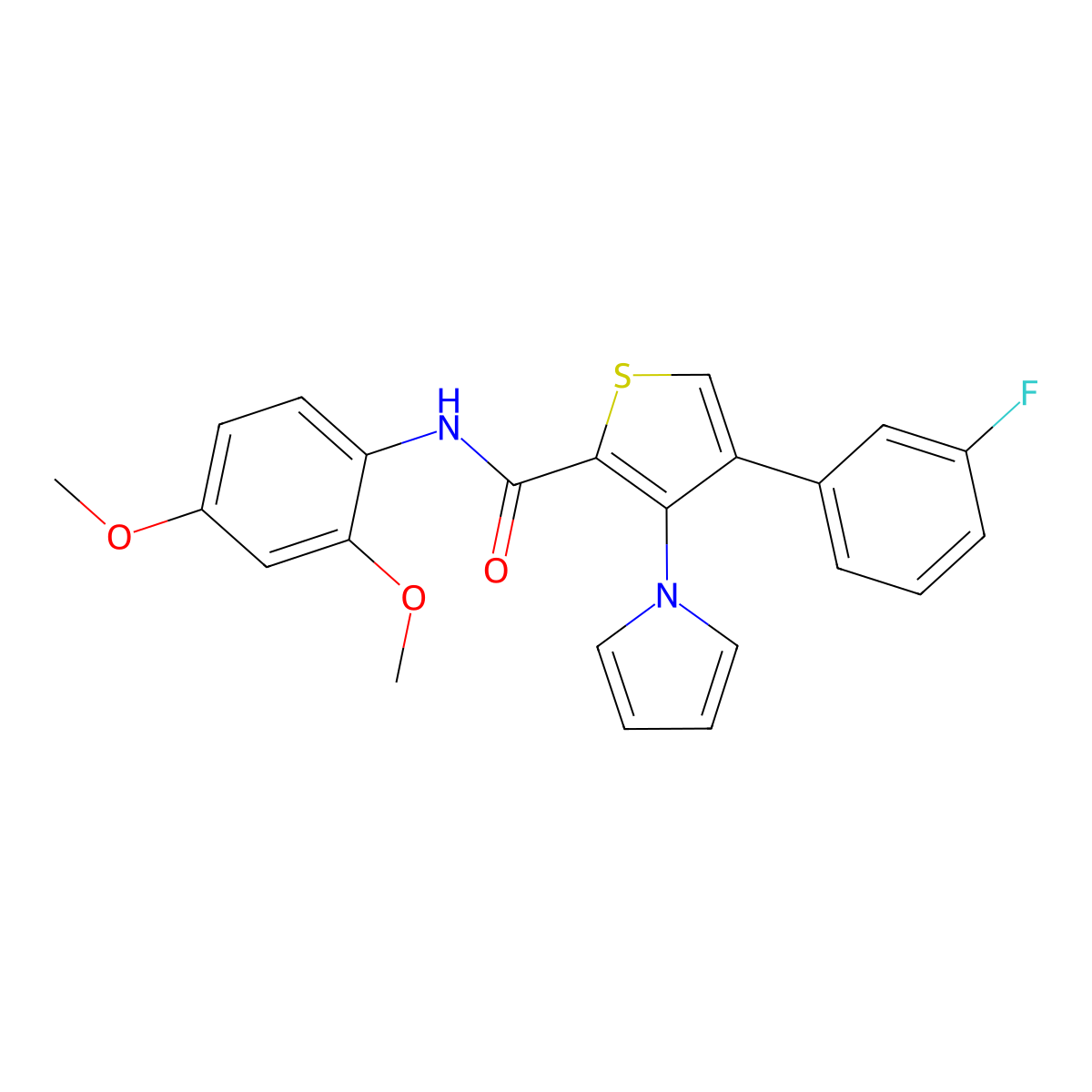 N-(2,4-dimethoxyphenyl)-4-(3-fluorophenyl)-3-(1H-pyrrol-1-yl)thiophene-2-carboxamide molecular structure, CAS 1251601-92-9