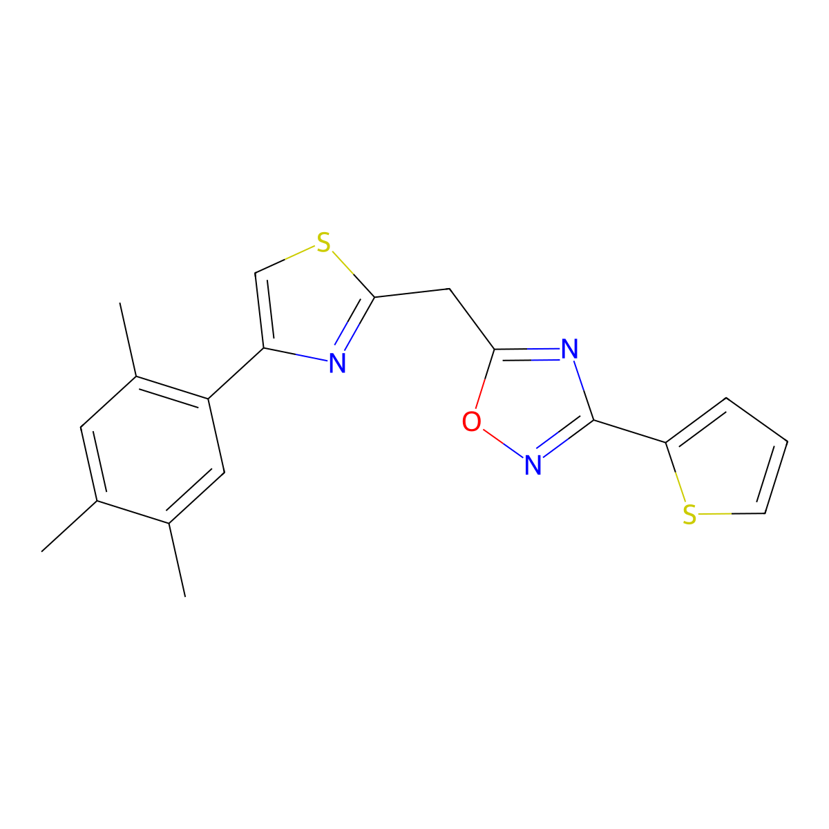 3-(Thiophen-2-yl)-5-{[4-(2,4,5-trimethylphenyl)-1,3-thiazol-2-yl]methyl}-1,2,4-oxadiazole molecular structure, CAS 1251601-97-4
