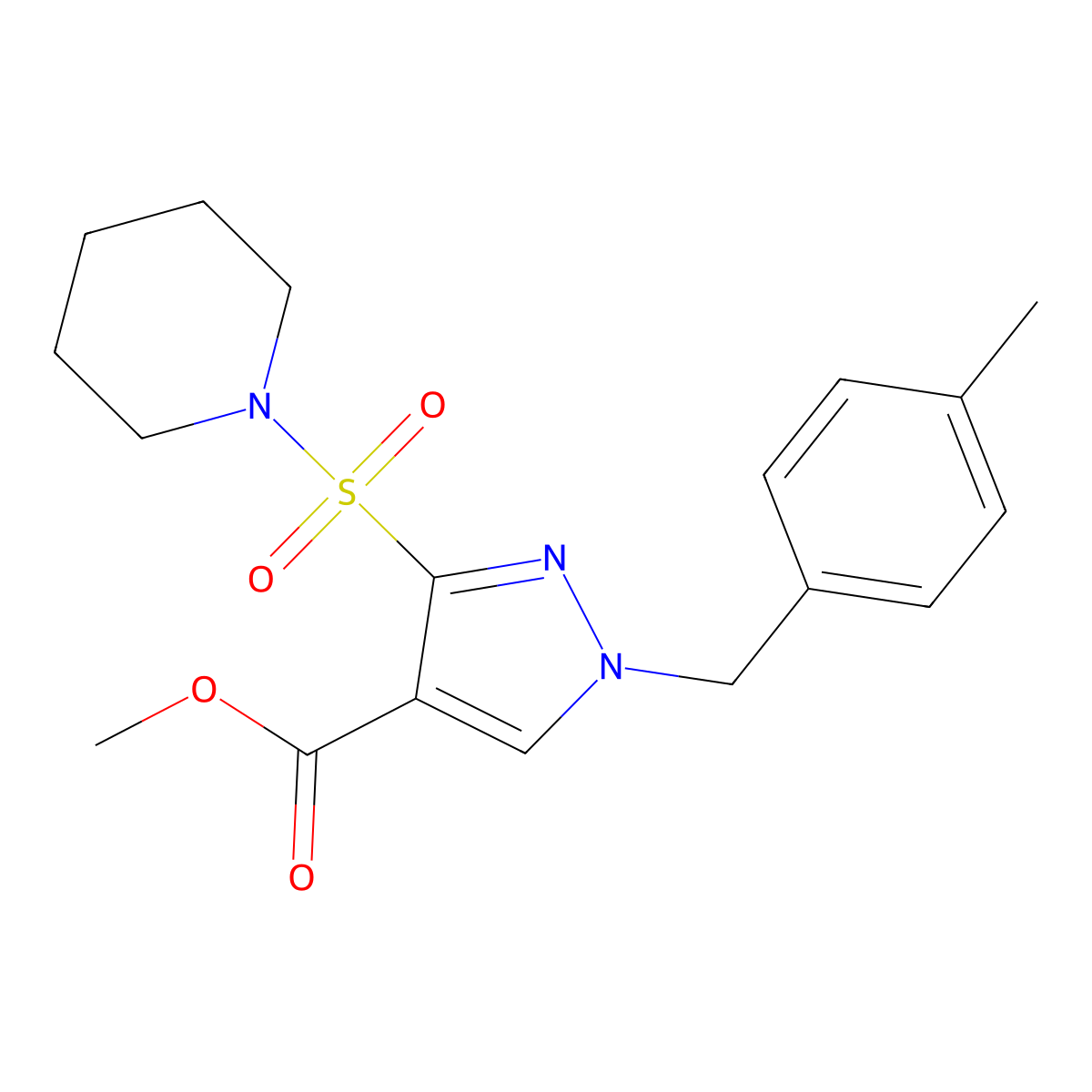 methyl 1-(4-methylbenzyl)-3-(piperidin-1-ylsulfonyl)-1H-pyrazole-4-carboxylate molecular structure, CAS 1251601-99-6
