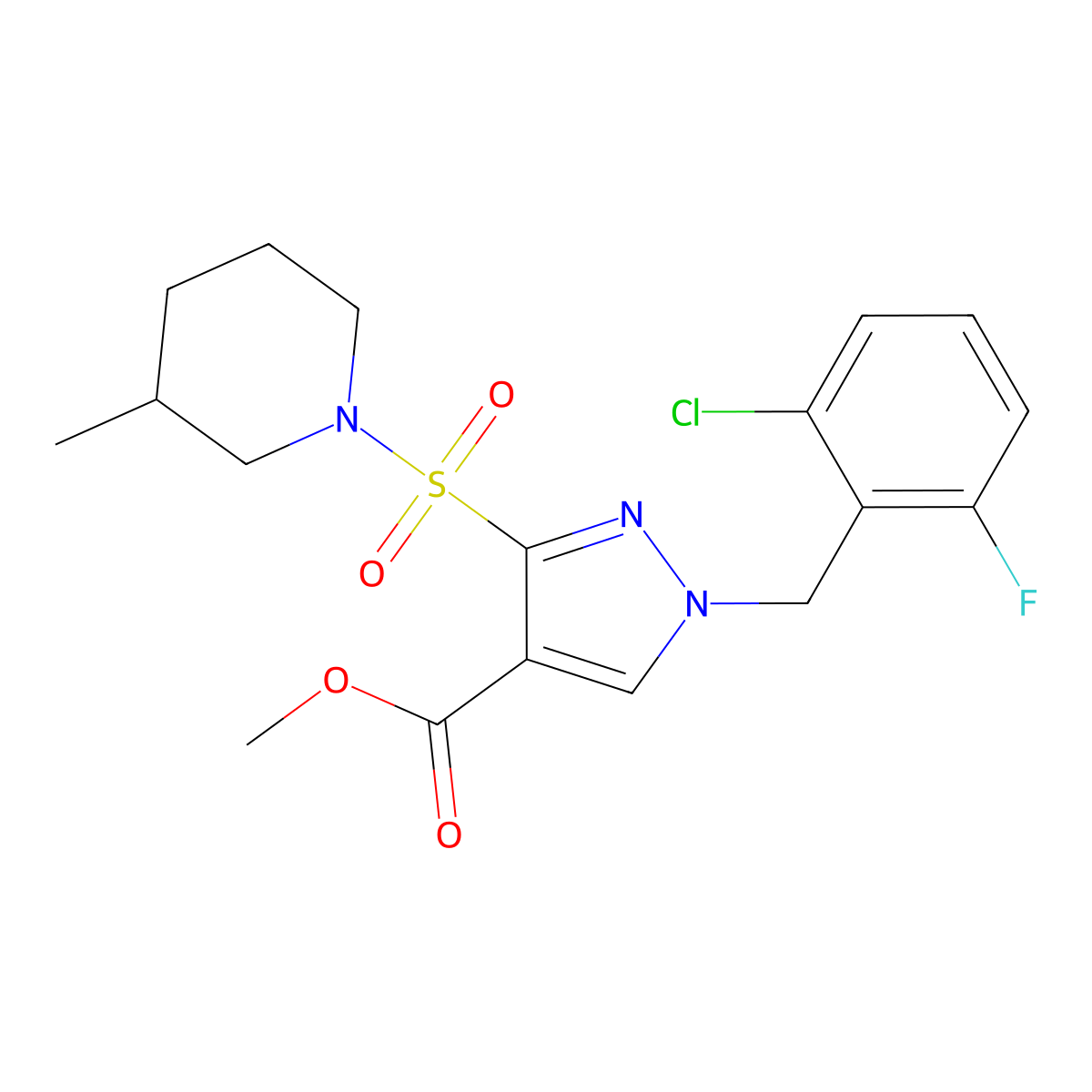 methyl 1-(2-chloro-6-fluorobenzyl)-3-((3-methylpiperidin-1-yl)sulfonyl)-1H-pyrazole-4-carboxylate molecular structure, CAS 1251602-05-7