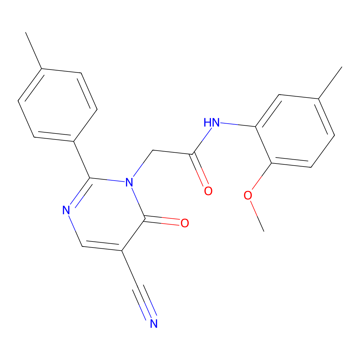 2-(5-cyano-6-oxo-2-(p-tolyl)pyrimidin-1(6H)-yl)-N-(2-methoxy-5-methylphenyl)acetamide molecular structure, CAS 1251602-07-9