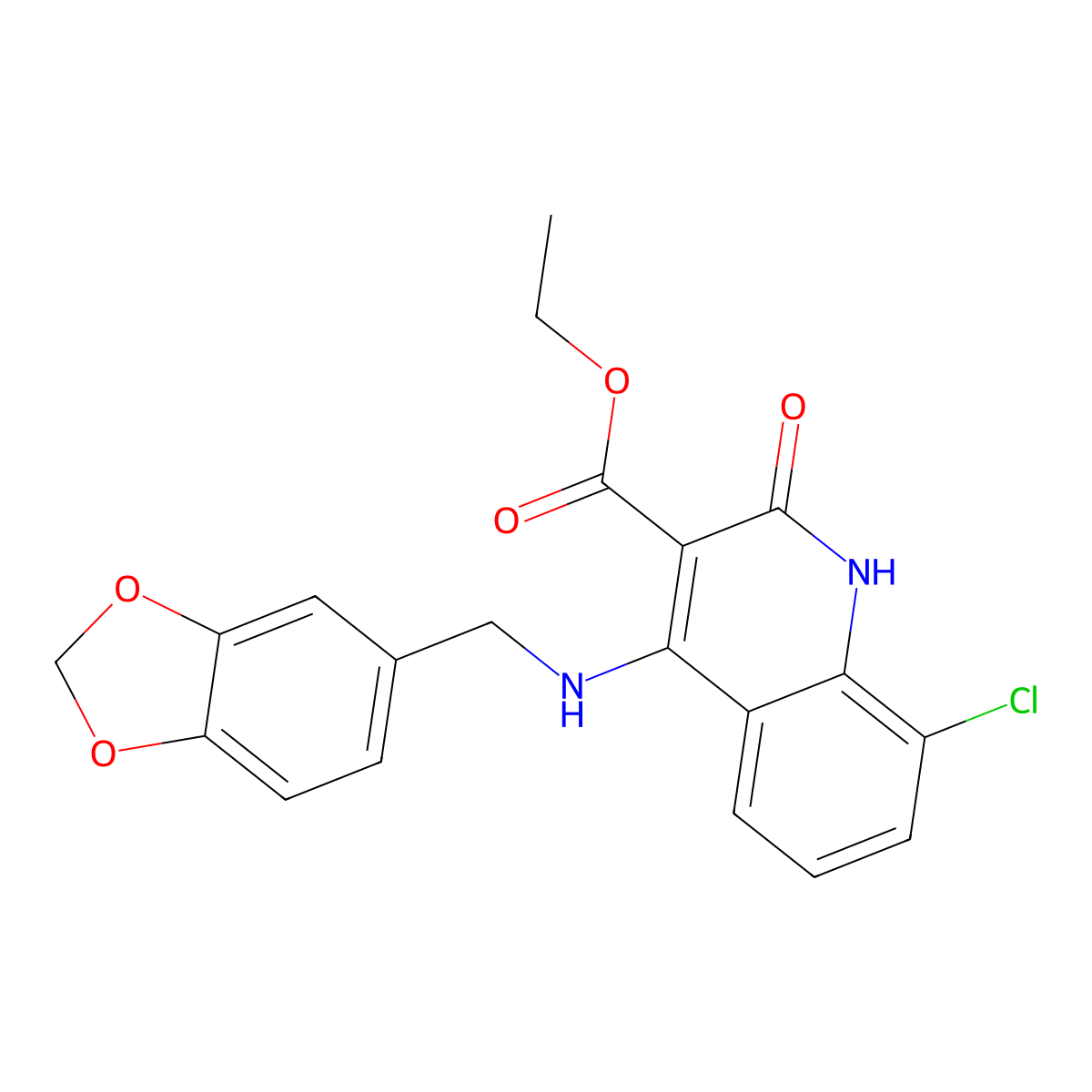 Ethyl 4-((benzo[d][1,3]dioxol-5-ylmethyl)amino)-8-chloro-2-oxo-1,2-dihydroquinoline-3-carboxylate molecular structure, CAS 1251602-13-7