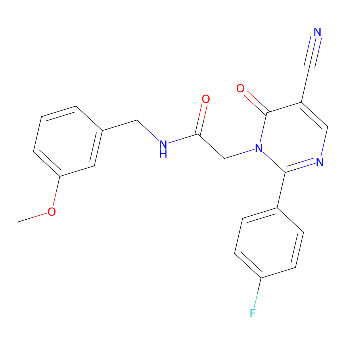2-(5-cyano-2-(4-fluorophenyl)-6-oxopyrimidin-1(6H)-yl)-N-(3-methoxybenzyl)acetamide molecular structure, CAS 1251602-34-2