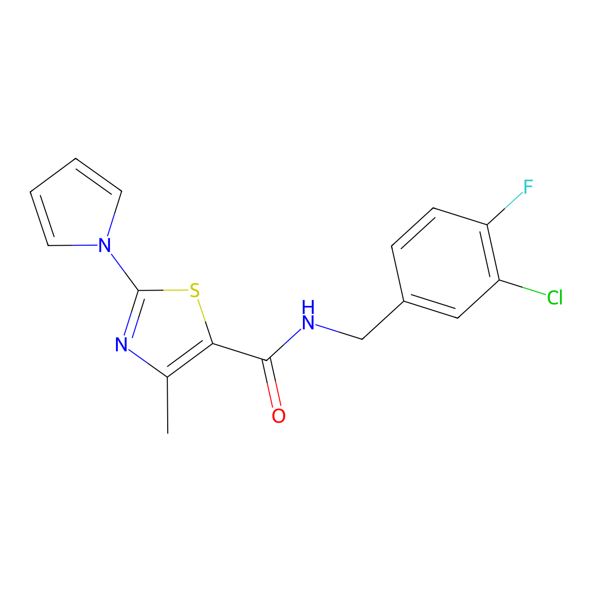 N-[(3-chloro-4-fluorophenyl)methyl]-4-methyl-2-(1H-pyrrol-1-yl)-1,3-thiazole-5-carboxamide molecular structure, CAS 1251602-41-1