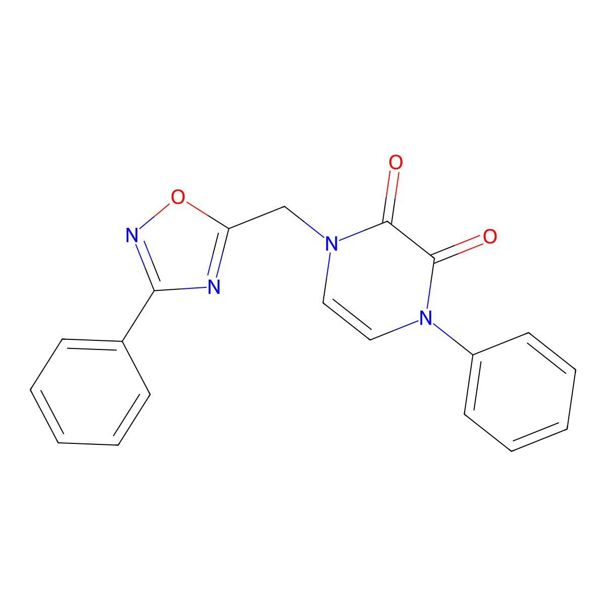 1-phenyl-4-((3-phenyl-1,2,4-oxadiazol-5-yl)methyl)pyrazine-2,3(1H,4H)-dione molecular structure, CAS 1251602-63-7
