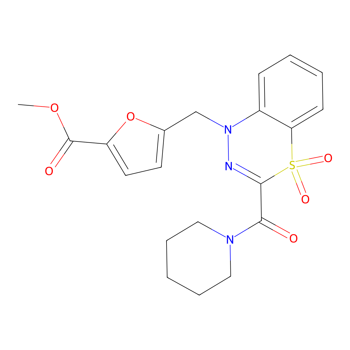 methyl 5-{[4,4-dioxo-3-(piperidinocarbonyl)-4lambda~6~,1,2-benzothiadiazin-1(4H)-yl]methyl}-2-furoate molecular structure, CAS 1251602-73-9