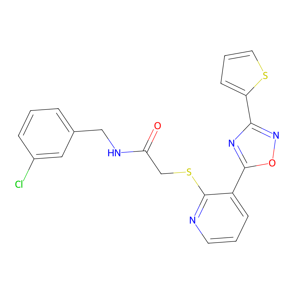 N-(3-chlorobenzyl)-2-((3-(3-(thiophen-2-yl)-1,2,4-oxadiazol-5-yl)pyridin-2-yl)thio)acetamide molecular structure, CAS 1251602-74-0