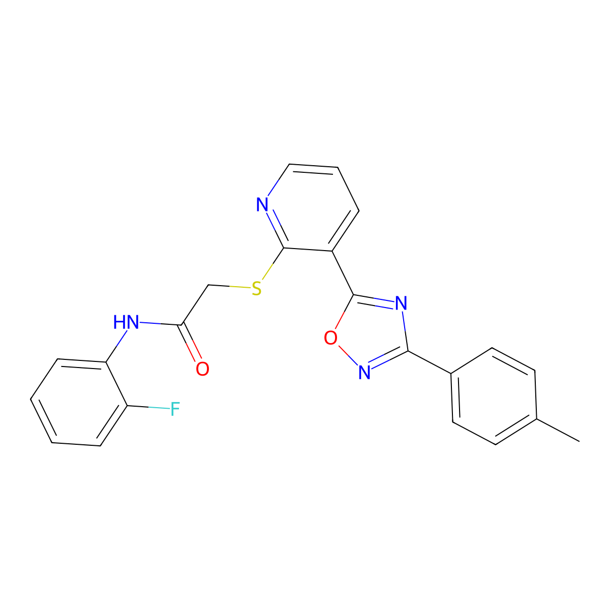 N-(2-fluorophenyl)-2-((3-(3-(p-tolyl)-1,2,4-oxadiazol-5-yl)pyridin-2-yl)thio)acetamide molecular structure, CAS 1251602-87-5