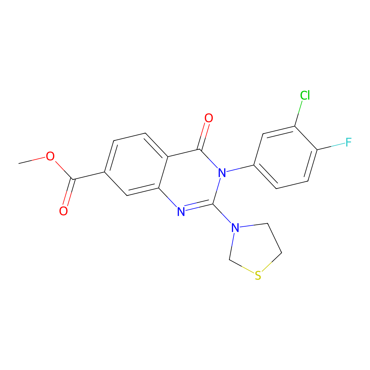 Methyl 3-(3-chloro-4-fluorophenyl)-4-oxo-2-(thiazolidin-3-yl)-3,4-dihydroquinazoline-7-carboxylate molecular structure, CAS 1251603-55-0