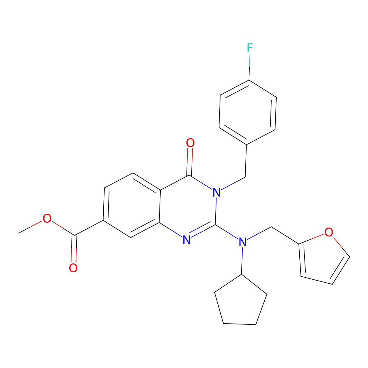 Methyl 2-{cyclopentyl[(furan-2-yl)methyl]amino}-3-[(4-fluorophenyl)methyl]-4-oxo-3,4-dihydroquinazoline-7-carboxylate molecular structure, CAS 1251603-70-9