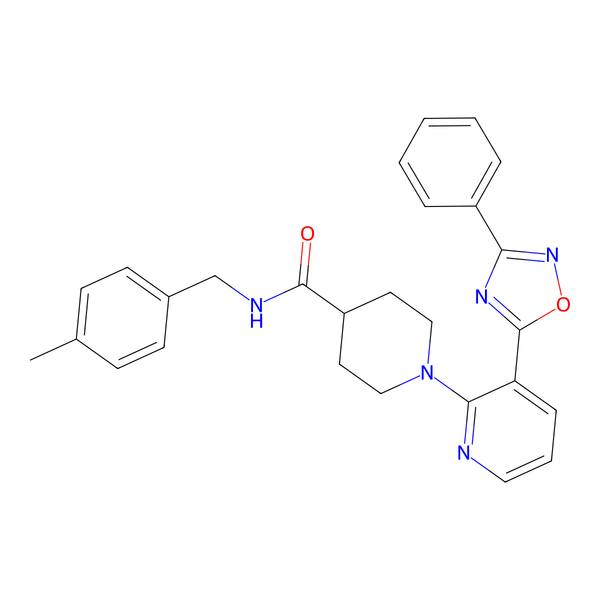 N-[(4-methylphenyl)methyl]-1-[3-(3-phenyl-1,2,4-oxadiazol-5-yl)pyridin-2-yl]piperidine-4-carboxamide molecular structure, CAS 1251603-74-3