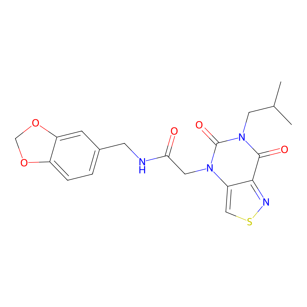 N-[(2H-1,3-benzodioxol-5-yl)methyl]-2-[6-(2-methylpropyl)-5,7-dioxo-4H,5H,6H,7H-[1,2]thiazolo[4,3-d]pyrimidin-4-yl]acetamide molecular structure, CAS 1251604-01-9
