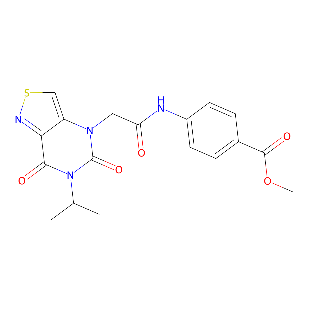 methyl 4-{2-[5,7-dioxo-6-(propan-2-yl)-4H,5H,6H,7H-[1,2]thiazolo[4,3-d]pyrimidin-4-yl]acetamido}benzoate molecular structure, CAS 1251604-16-6