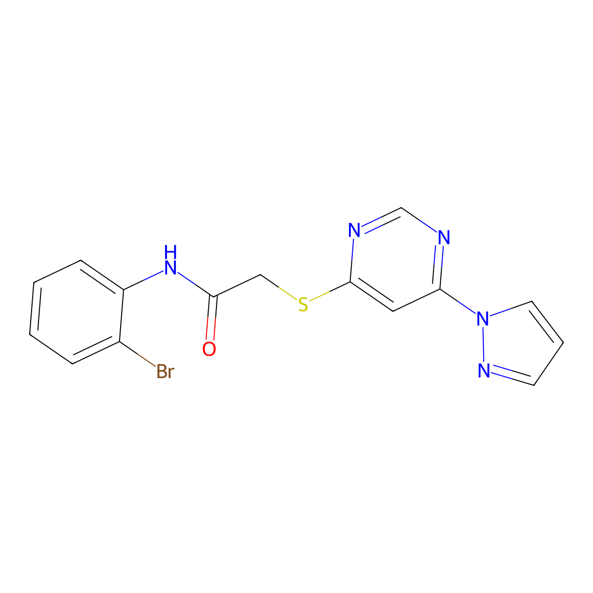 2-((6-(1H-pyrazol-1-yl)pyrimidin-4-yl)thio)-N-(2-bromophenyl)acetamide molecular structure, CAS 1251604-24-6