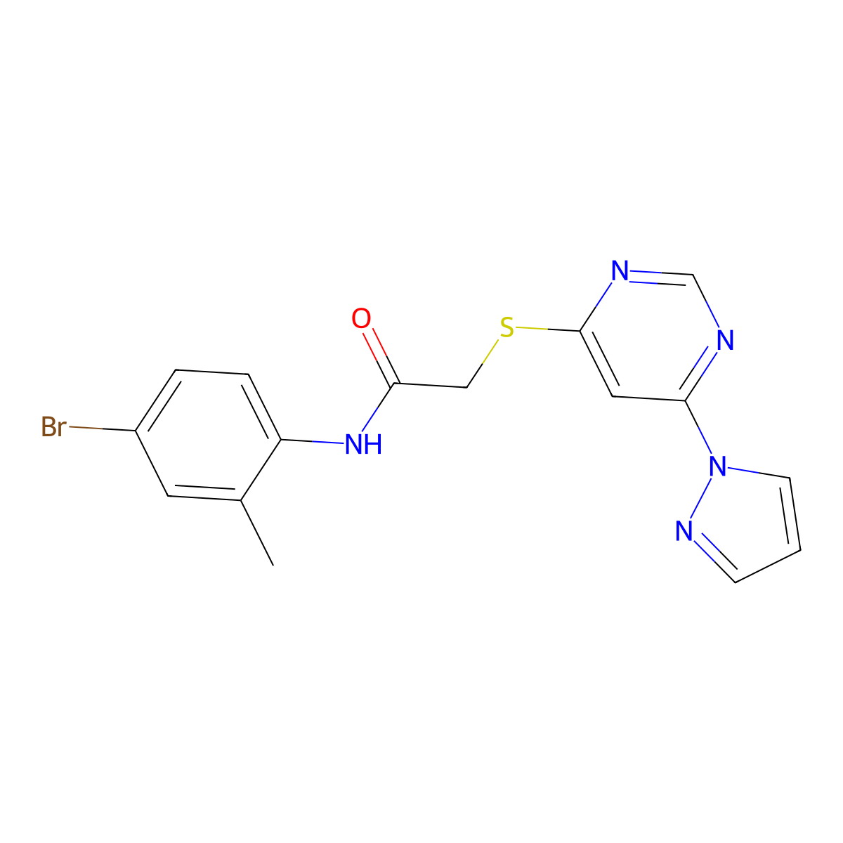 2-((6-(1H-pyrazol-1-yl)pyrimidin-4-yl)thio)-N-(4-bromo-2-methylphenyl)acetamide molecular structure, CAS 1251604-27-9