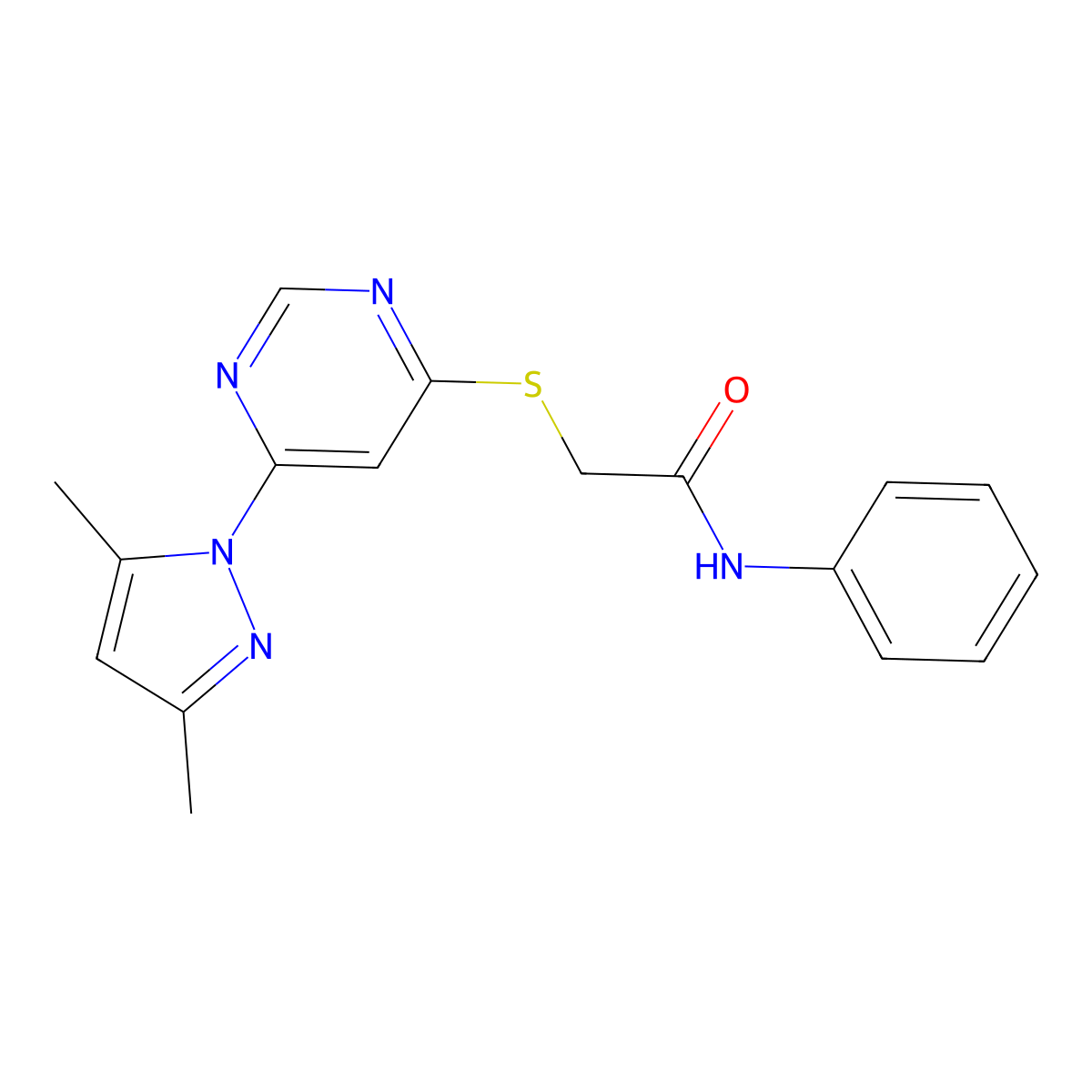 2-((6-(3,5-dimethyl-1H-pyrazol-1-yl)pyrimidin-4-yl)thio)-N-phenylacetamide molecular structure, CAS 1251604-28-0