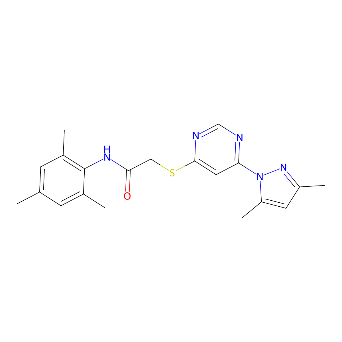 2-((6-(3,5-dimethyl-1H-pyrazol-1-yl)pyrimidin-4-yl)thio)-N-mesitylacetamide molecular structure, CAS 1251604-31-5