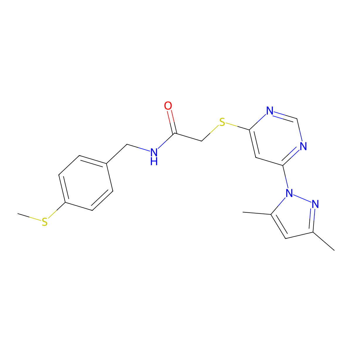 2-((6-(3,5-dimethyl-1H-pyrazol-1-yl)pyrimidin-4-yl)thio)-N-(4-(methylthio)benzyl)acetamide molecular structure, CAS 1251604-33-7