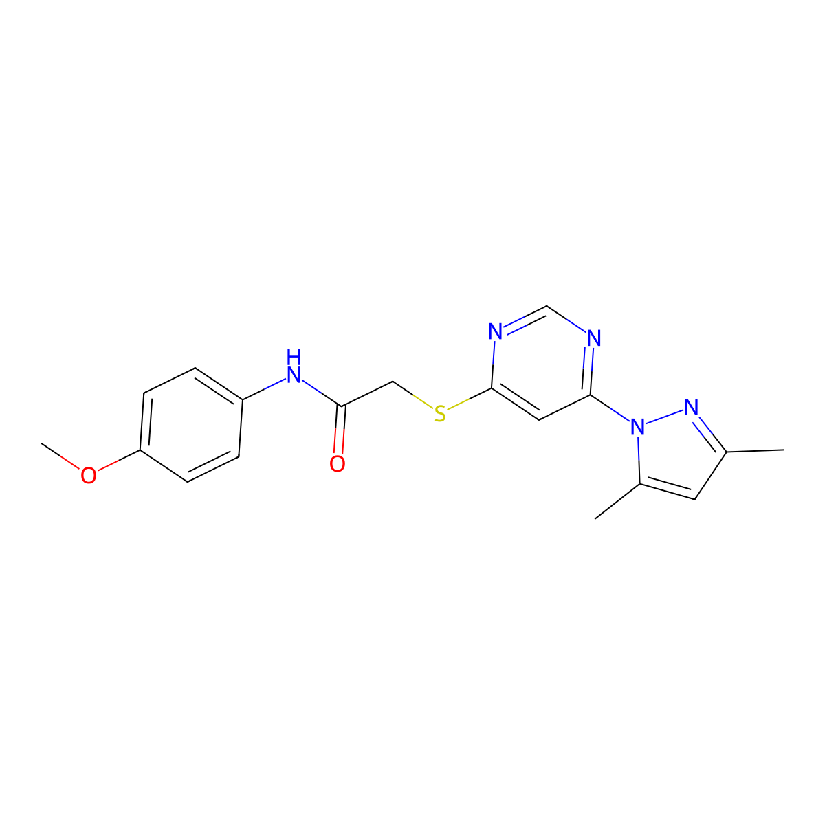 2-((6-(3,5-dimethyl-1H-pyrazol-1-yl)pyrimidin-4-yl)thio)-N-(4-methoxyphenyl)acetamide molecular structure, CAS 1251604-35-9