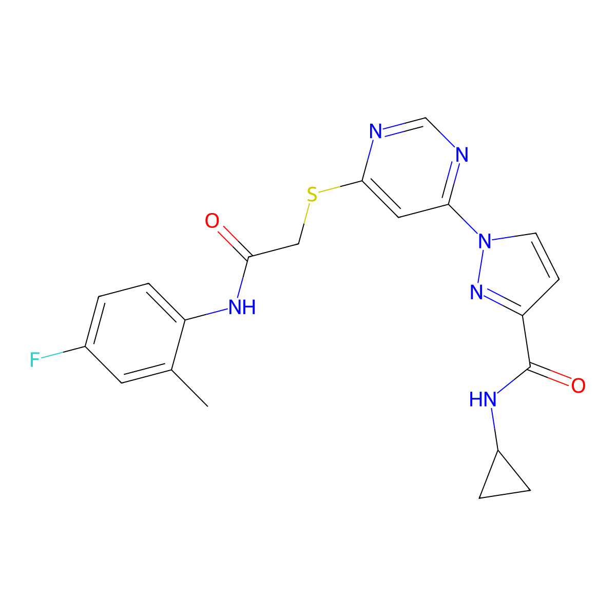 N-cyclopropyl-1-(6-((2-((4-fluoro-2-methylphenyl)amino)-2-oxoethyl)thio)pyrimidin-4-yl)-1H-pyrazole-3-carboxamide molecular structure, CAS 1251604-38-2