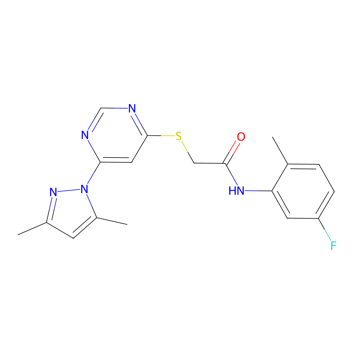 2-((6-(3,5-dimethyl-1H-pyrazol-1-yl)pyrimidin-4-yl)thio)-N-(5-fluoro-2-methylphenyl)acetamide molecular structure, CAS 1251604-39-3