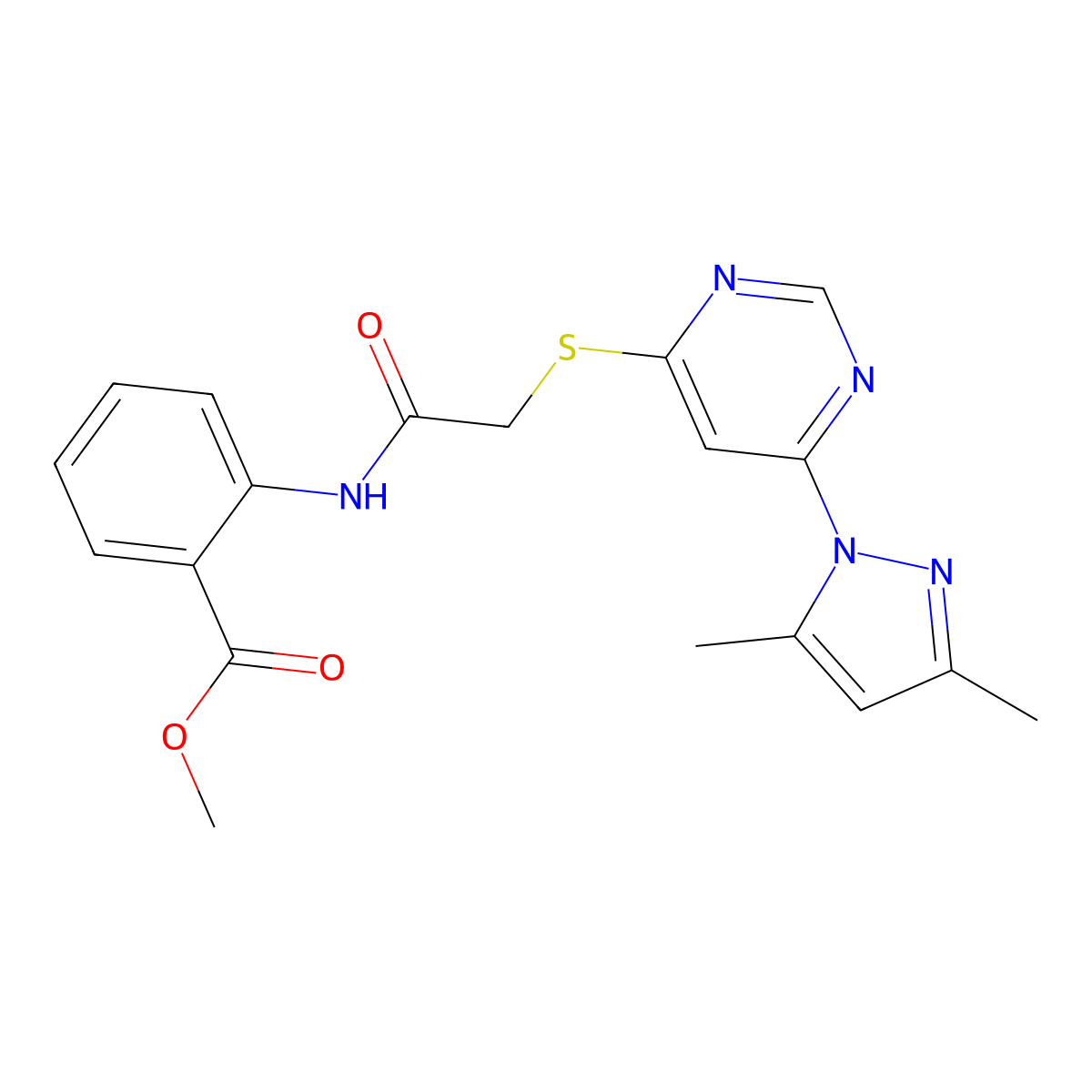 methyl 2-(2-((6-(3,5-dimethyl-1H-pyrazol-1-yl)pyrimidin-4-yl)thio)acetamido)benzoate molecular structure, CAS 1251604-40-6