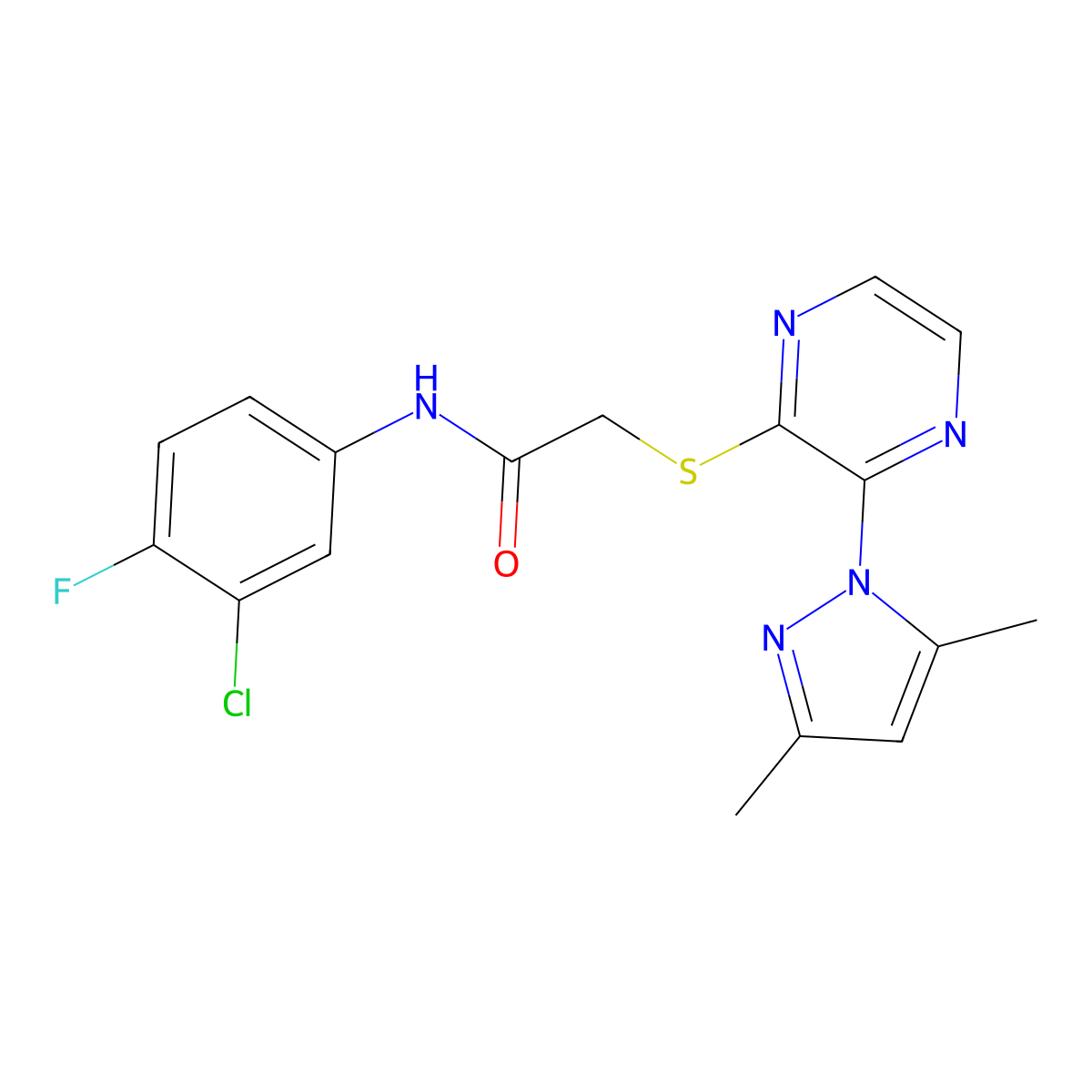 N-(3-chloro-4-fluorophenyl)-2-((3-(3,5-dimethyl-1H-pyrazol-1-yl)pyrazin-2-yl)thio)acetamide molecular structure, CAS 1251604-41-7