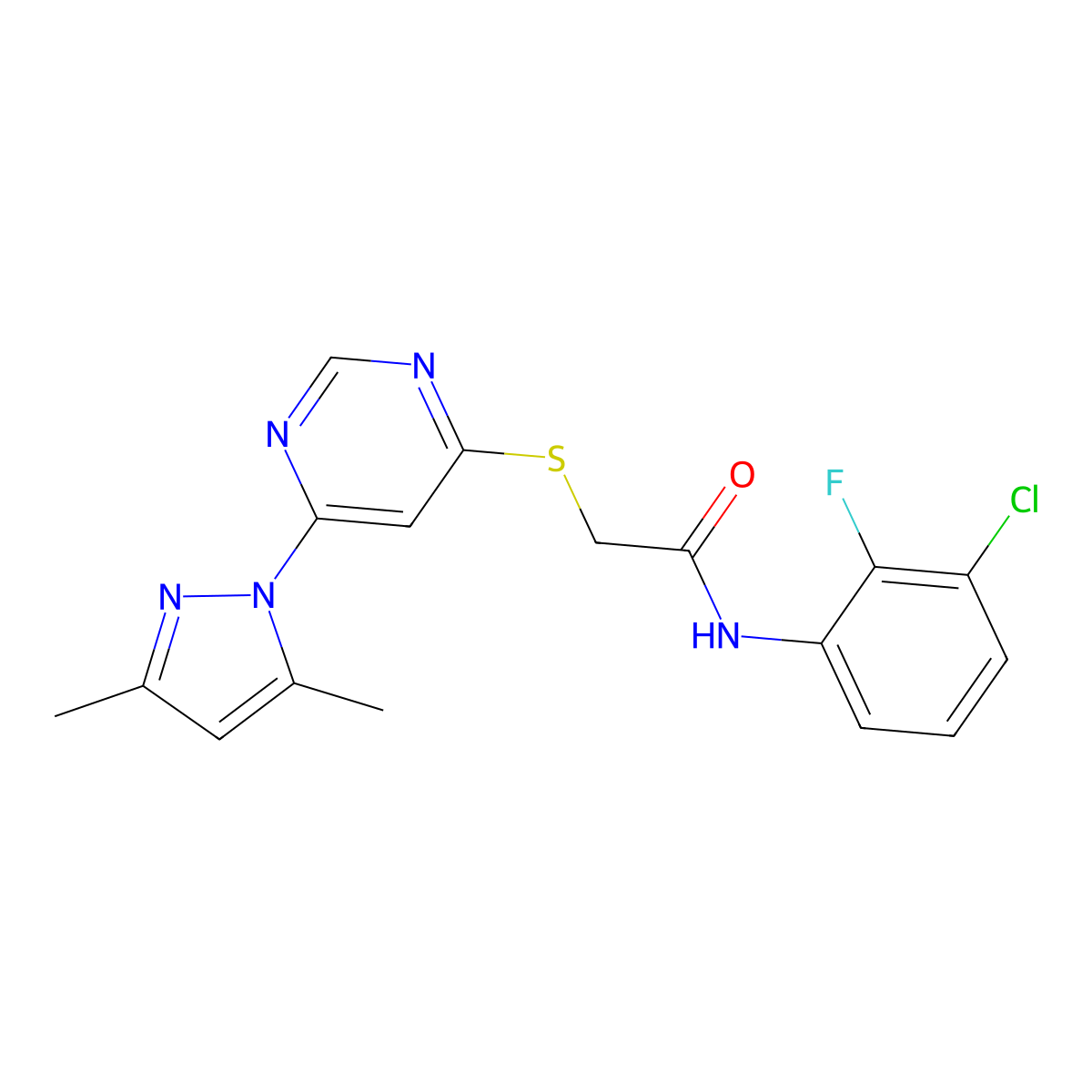 N-(3-chloro-2-fluorophenyl)-2-((6-(3,5-dimethyl-1H-pyrazol-1-yl)pyrimidin-4-yl)thio)acetamide molecular structure, CAS 1251604-45-1