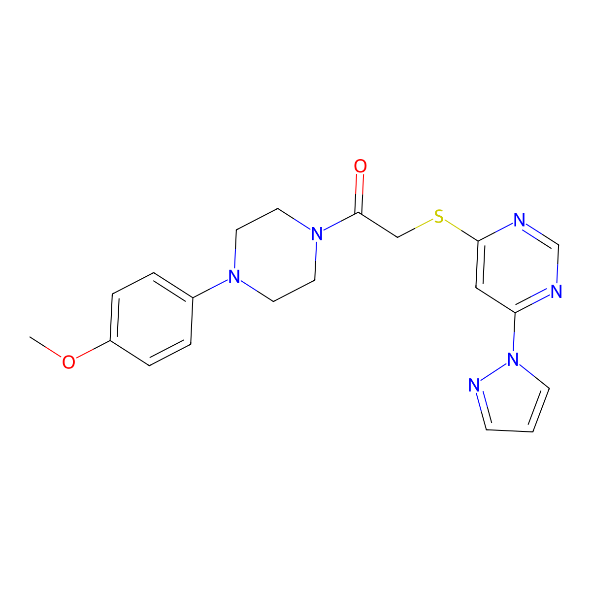 2-((6-(1H-pyrazol-1-yl)pyrimidin-4-yl)thio)-1-(4-(4-methoxyphenyl)piperazin-1-yl)ethanone molecular structure, CAS 1251604-48-4