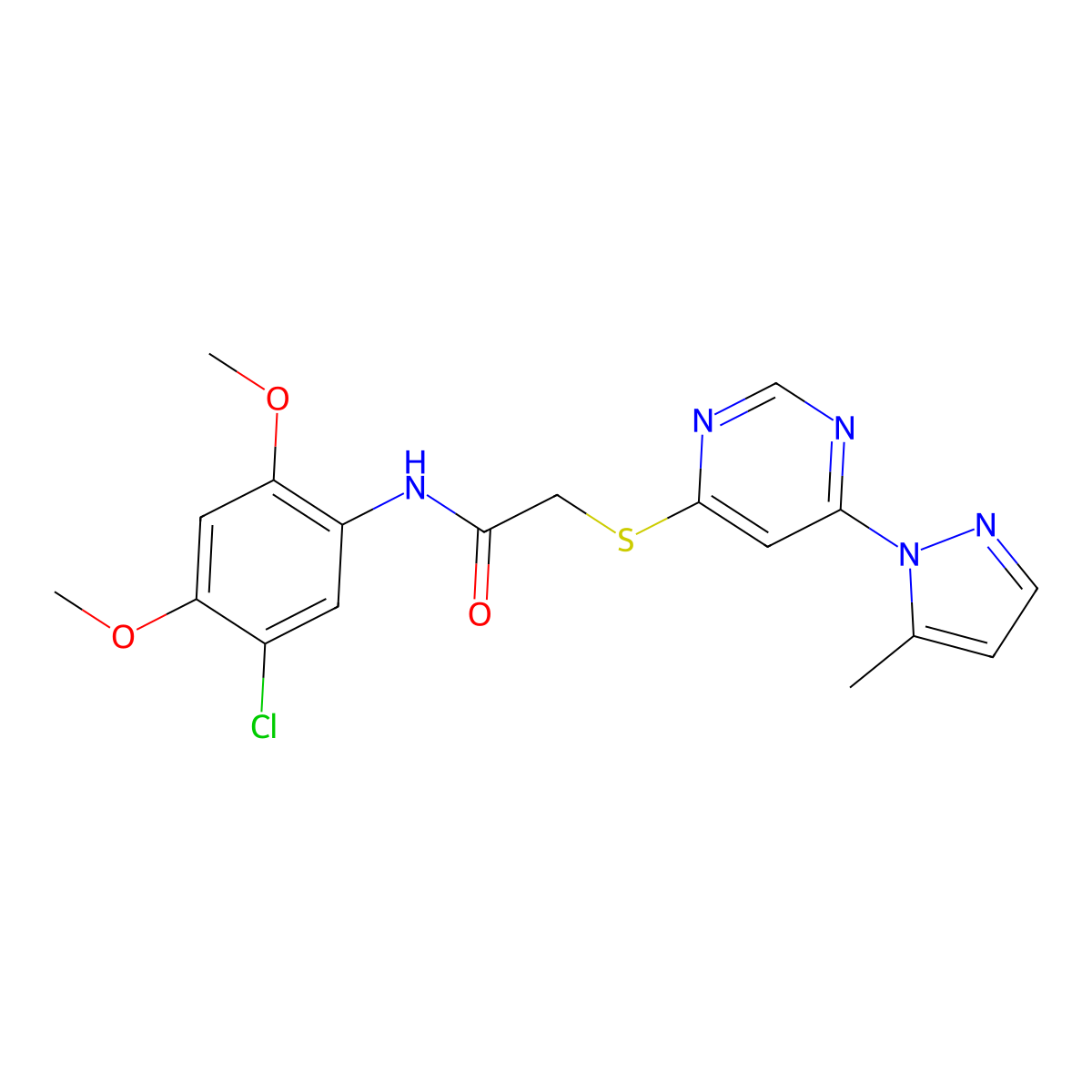 N-(5-chloro-2,4-dimethoxyphenyl)-2-((6-(5-methyl-1H-pyrazol-1-yl)pyrimidin-4-yl)thio)acetamide molecular structure, CAS 1251604-55-3