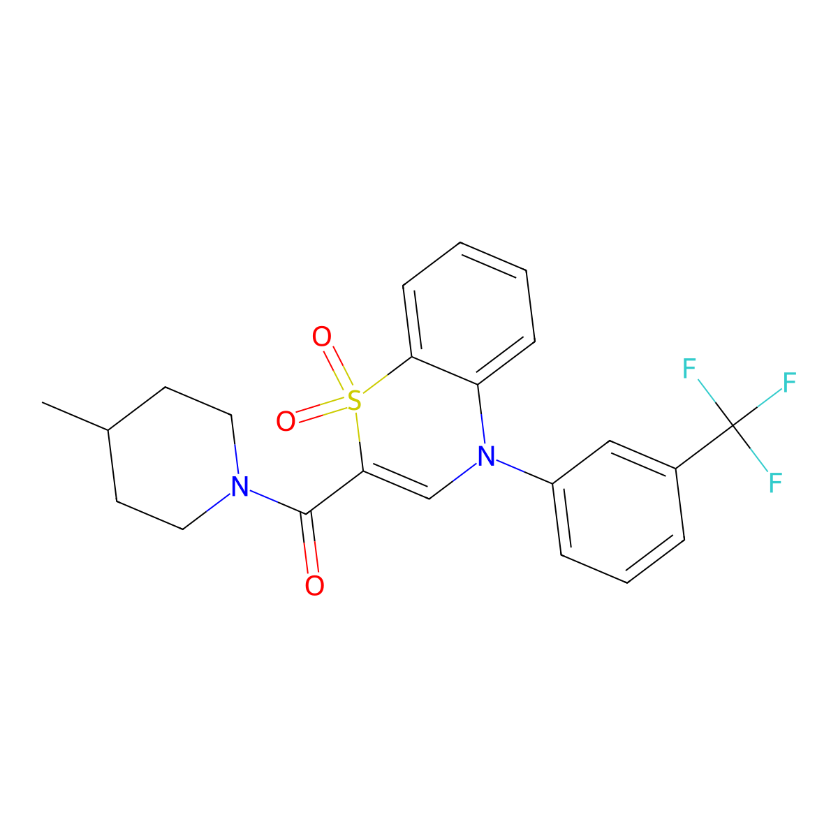 (1,1-dioxido-4-(3-(trifluoromethyl)phenyl)-4H-benzo[b][1,4]thiazin-2-yl)(4-methylpiperidin-1-yl)methanone molecular structure, CAS 1251604-56-4