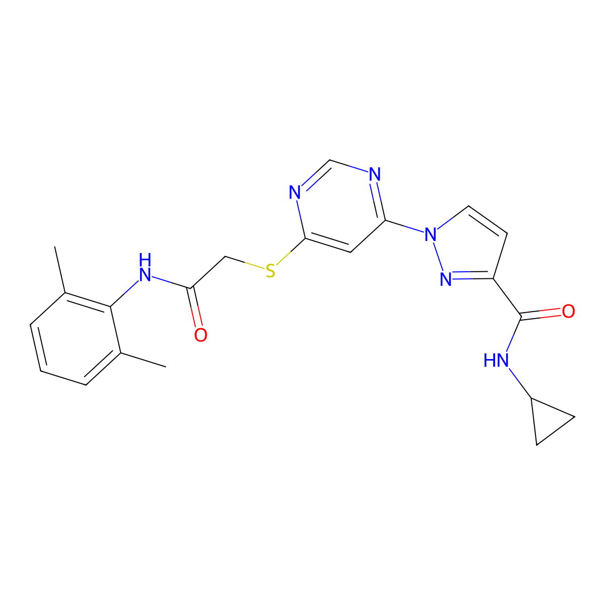 N-cyclopropyl-1-[6-({2-[(2,6-dimethylphenyl)amino]-2-oxoethyl}sulfanyl)pyrimidin-4-yl]-1H-pyrazole-3-carboxamide molecular structure, CAS 1251604-57-5