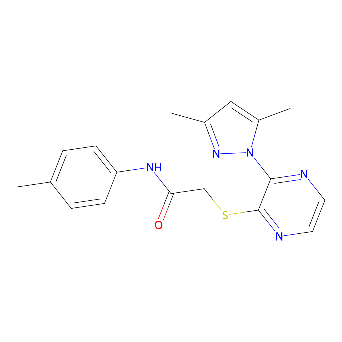 2-((3-(3,5-dimethyl-1H-pyrazol-1-yl)pyrazin-2-yl)thio)-N-(p-tolyl)acetamide molecular structure, CAS 1251604-58-6