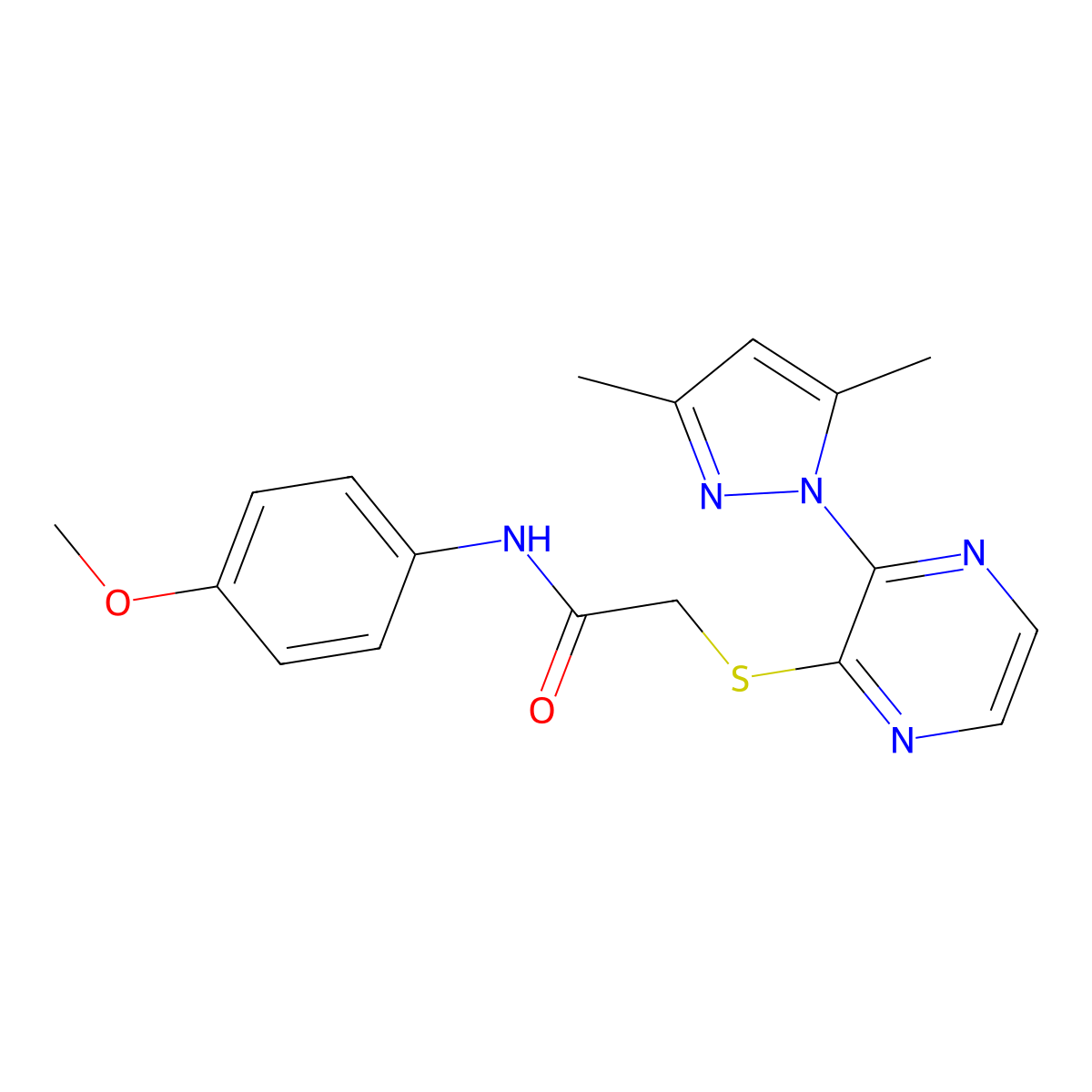 2-((3-(3,5-dimethyl-1H-pyrazol-1-yl)pyrazin-2-yl)thio)-N-(4-methoxyphenyl)acetamide molecular structure, CAS 1251604-60-0