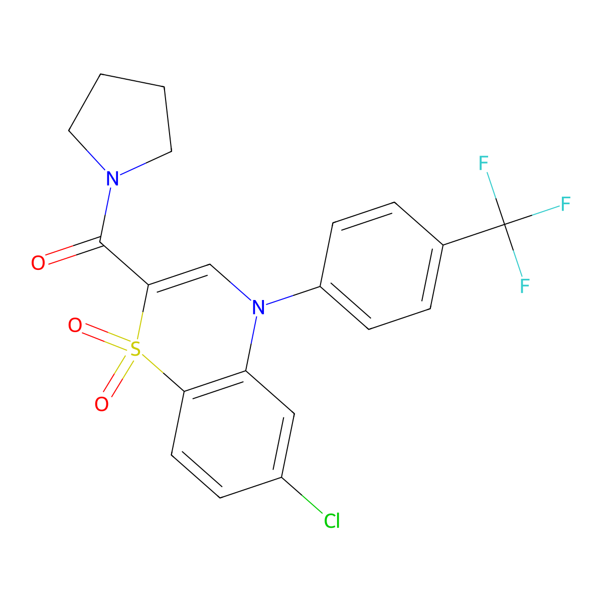 6-chloro-2-(pyrrolidine-1-carbonyl)-4-[4-(trifluoromethyl)phenyl]-4H-1lambda6,4-benzothiazine-1,1-dione molecular structure, CAS 1251604-61-1
