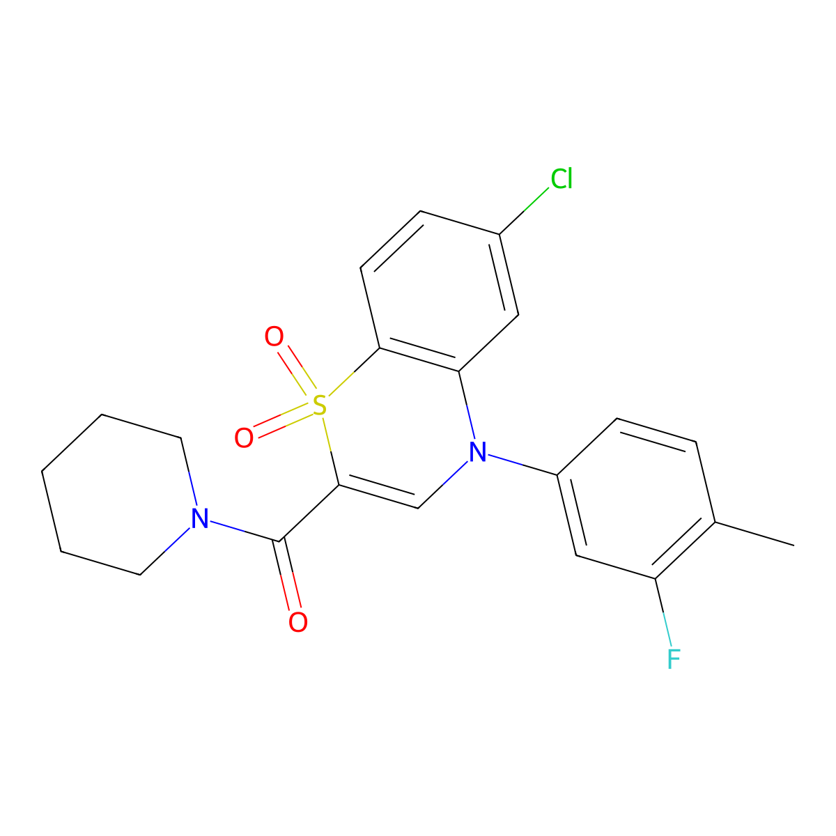 (6-chloro-4-(3-fluoro-4-methylphenyl)-1,1-dioxido-4H-benzo[b][1,4]thiazin-2-yl)(piperidin-1-yl)methanone molecular structure, CAS 1251604-67-7