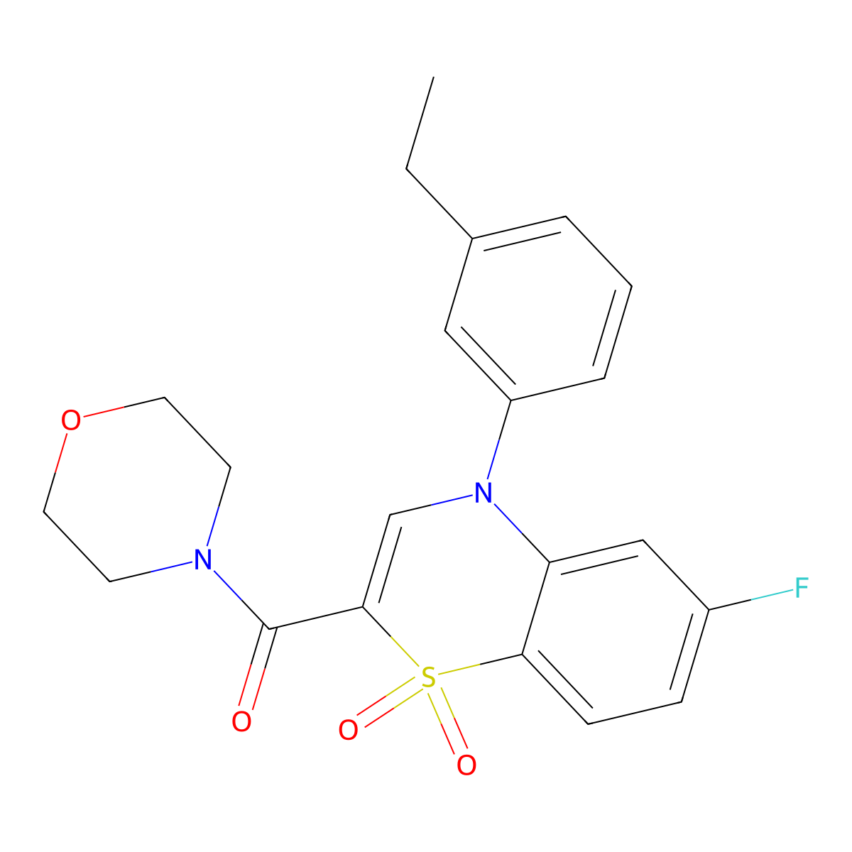(4-(3-ethylphenyl)-6-fluoro-1,1-dioxido-4H-benzo[b][1,4]thiazin-2-yl)(morpholino)methanone molecular structure, CAS 1251604-77-9