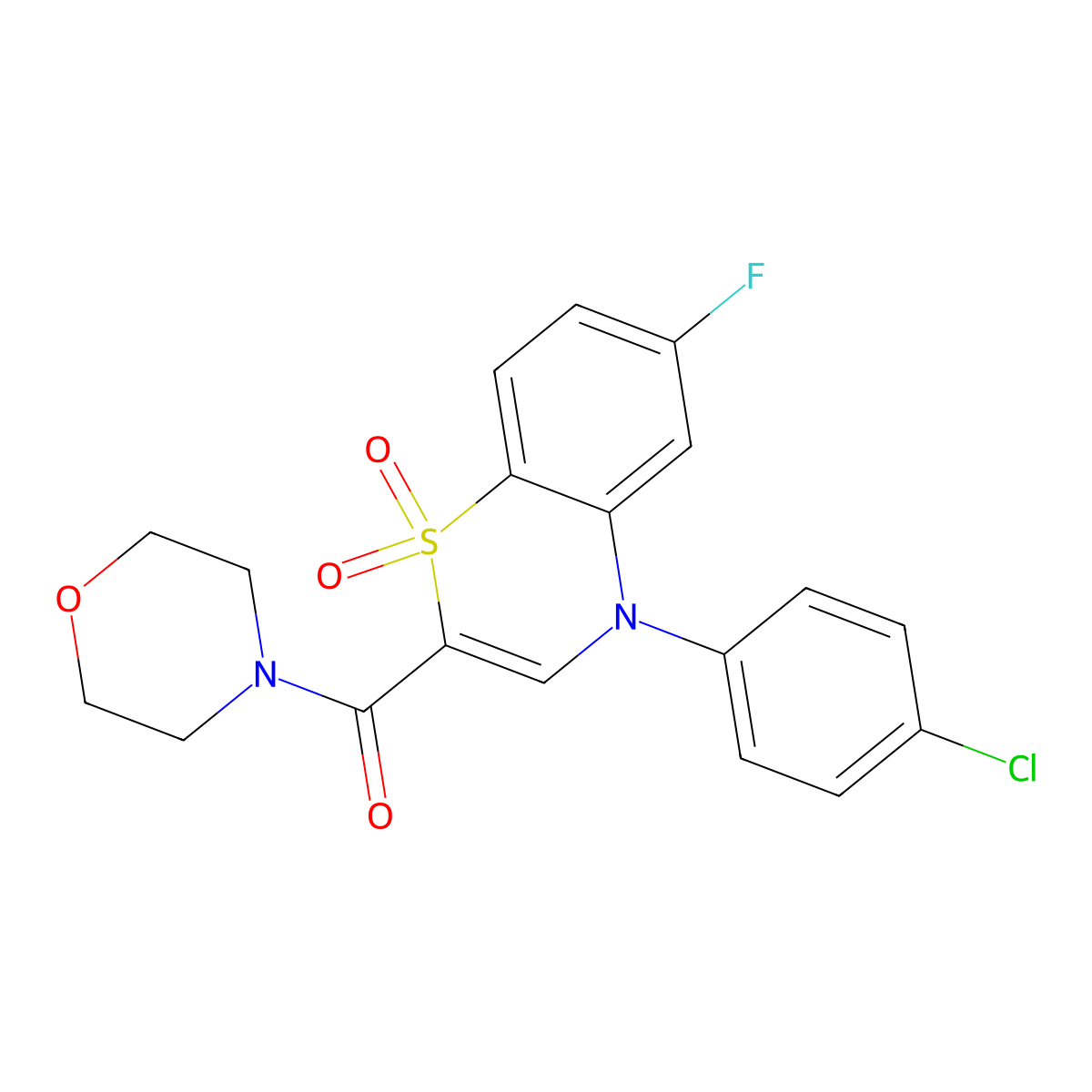 (4-(4-chlorophenyl)-6-fluoro-1,1-dioxido-4H-benzo[b][1,4]thiazin-2-yl)(morpholino)methanone molecular structure, CAS 1251604-80-4