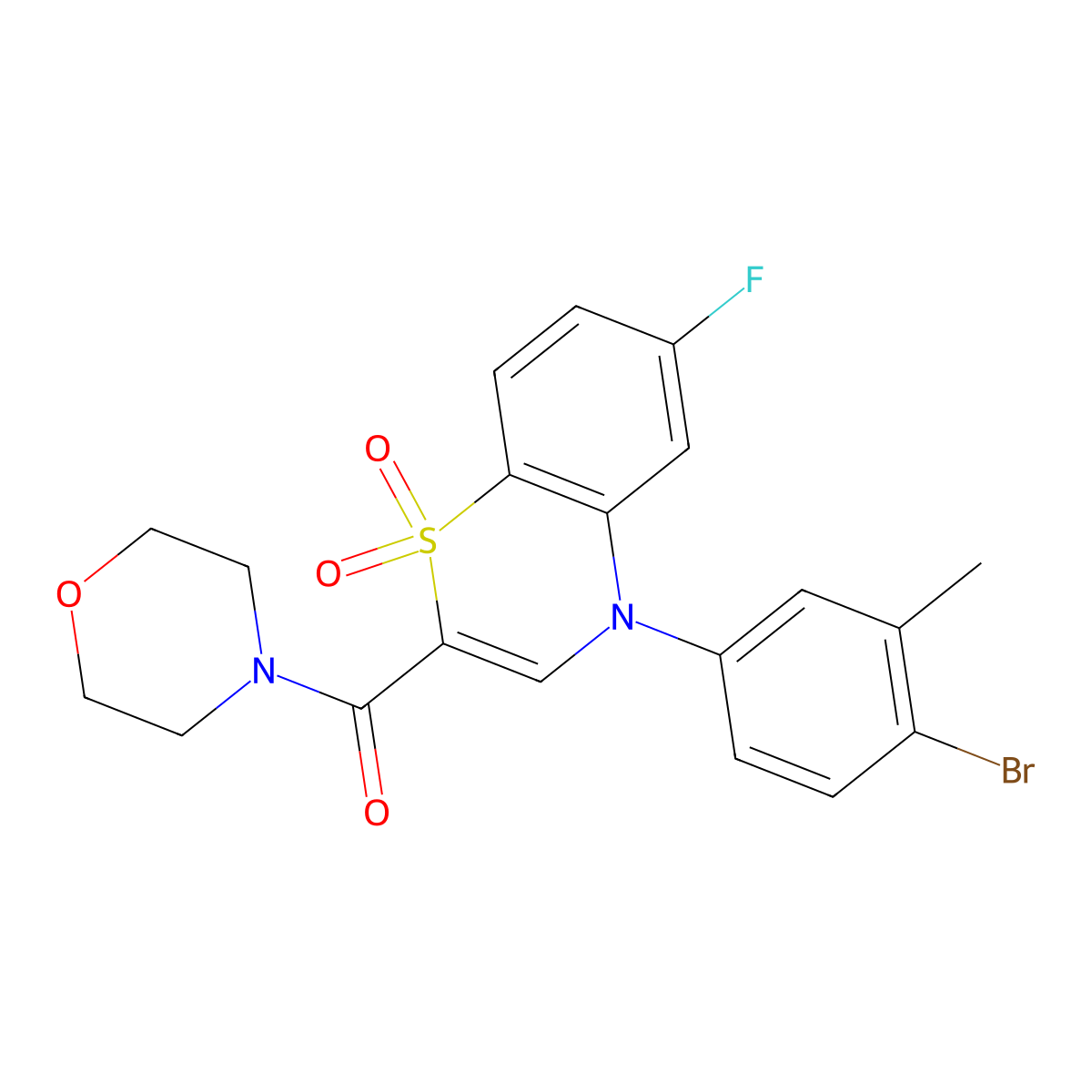 (4-(4-bromo-3-methylphenyl)-6-fluoro-1,1-dioxido-4H-benzo[b][1,4]thiazin-2-yl)(morpholino)methanone molecular structure, CAS 1251604-83-7