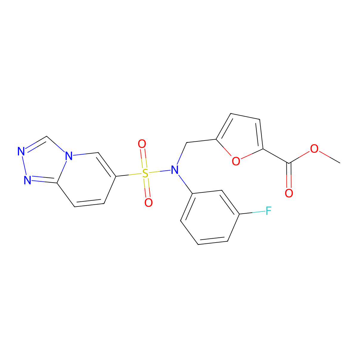 methyl 5-{[N-(3-fluorophenyl)[1,2,4]triazolo[4,3-a]pyridine-6-sulfonamido]methyl}furan-2-carboxylate molecular structure, CAS 1251605-07-8
