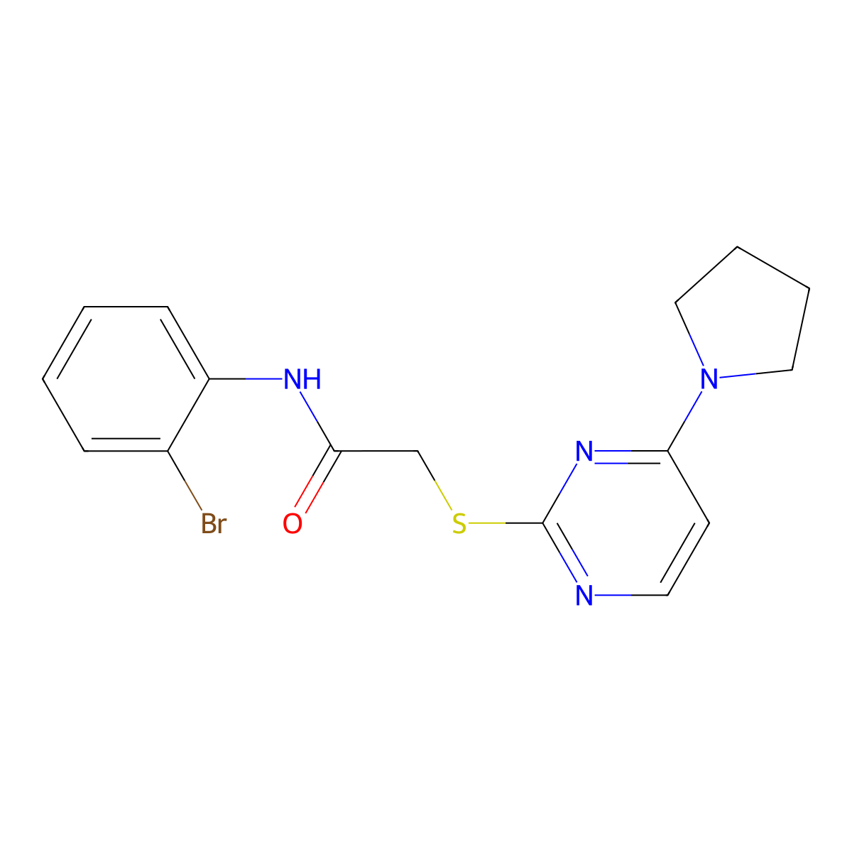 N-(2-bromophenyl)-2-((4-(pyrrolidin-1-yl)pyrimidin-2-yl)thio)acetamide molecular structure, CAS 1251605-29-4