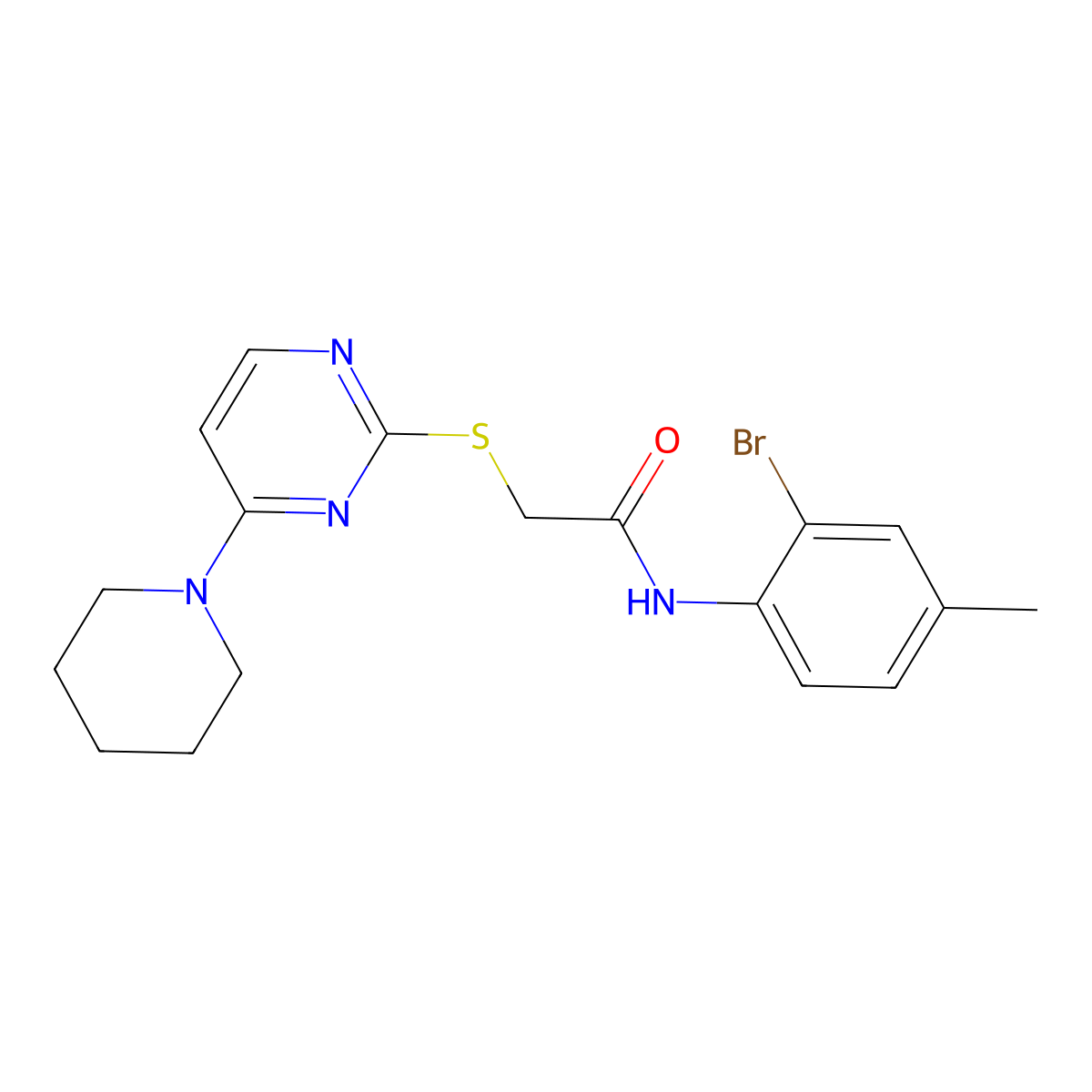 N-(2-bromo-4-methylphenyl)-2-((4-(piperidin-1-yl)pyrimidin-2-yl)thio)acetamide molecular structure, CAS 1251605-34-1